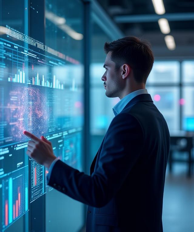 Executive reviewing interactive data dashboard with neural network overlays