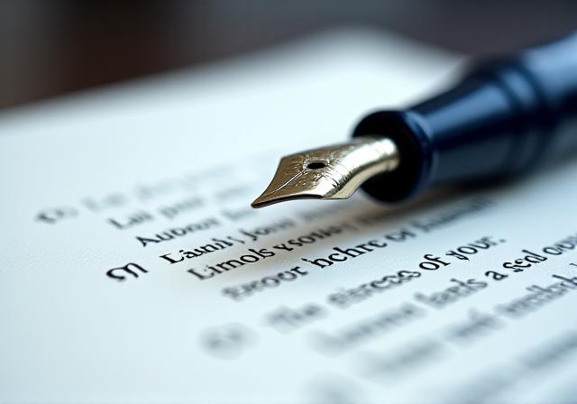 Close-up of a fountain pen reflecting soft light on a professional document
