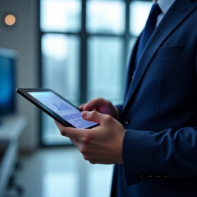 Executive holding a tablet showing high-level data intelligence dashboards