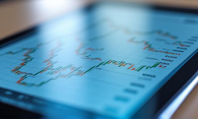 Close up of a tablet screen showing complex market forecasting charts with high-contrast lines