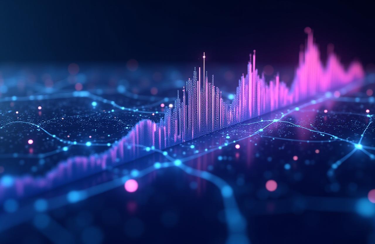 A sophisticated 3D data visualization showing glowing trend lines ascending through a dark space